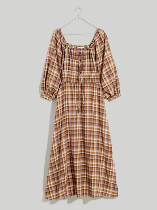 Madewell Dresses & Skirts - Madewell Gauze Sophia Midi Peasant Cottage Dress Brown Purple Plaid Size Large